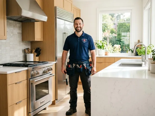 Appliance Repair Hero technician in a Bernhards Bay, NY kitchen after an appliance repair