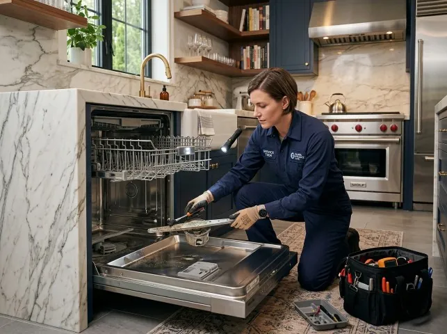 Appliance Repair Hero technician servicing a built-in dishwasher in a Bernhards Bay, NY kitchen
