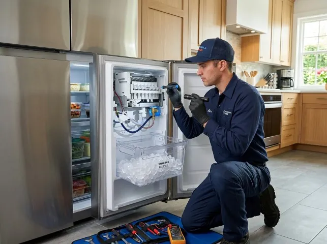 Appliance Repair Hero technician repairing a refrigerator ice maker in Bernhards Bay, NY