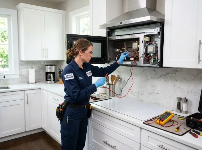 Appliance Repair Hero technician testing an over-the-range microwave in a Bernhards Bay, NY kitchen