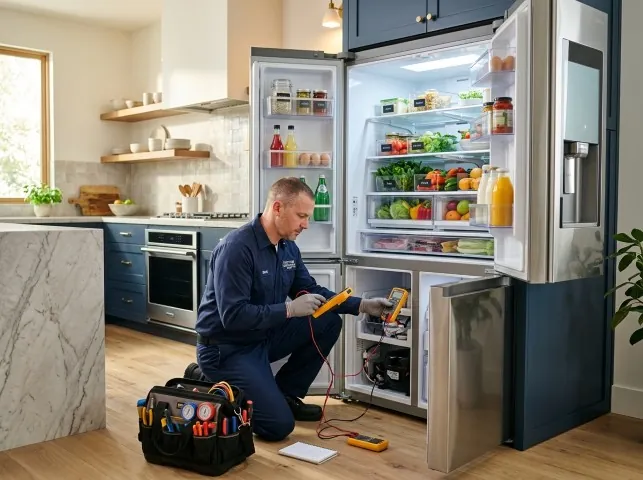 Appliance Repair Hero refrigerator technician testing a fridge on a Bernhards Bay, NY service call